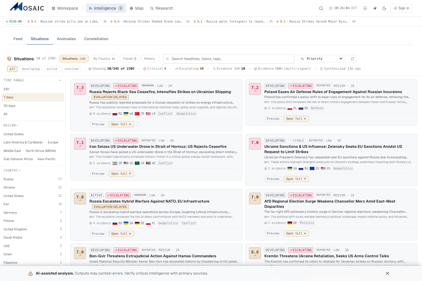 Mosaic situations interface showing connected geopolitical developments